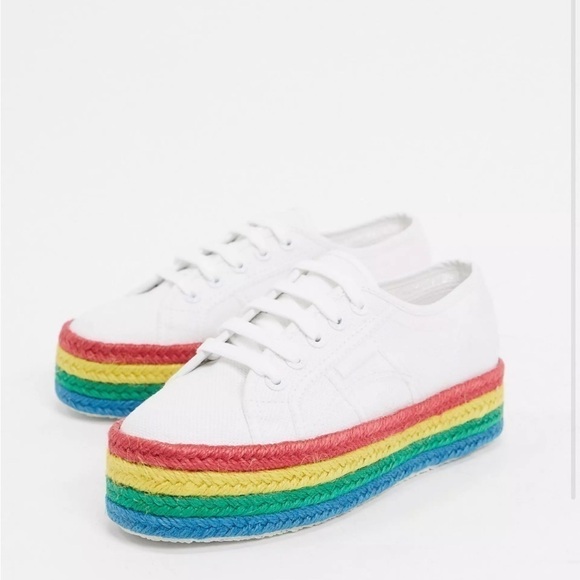 Superga 2790 Rainbow Espadrille Flatform Trainers in White - Picture 2 of 9